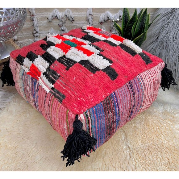 Handmade Moroccan Floor Pillow Ottoman, Vintage Boucherouite Pouf 03YS0080 - Picture 3 of 10